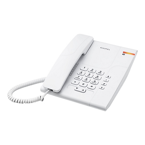 Weißes Alcatel Festnetztelefon mit Tastenfeld und Hörer auf weißem Hintergrund.