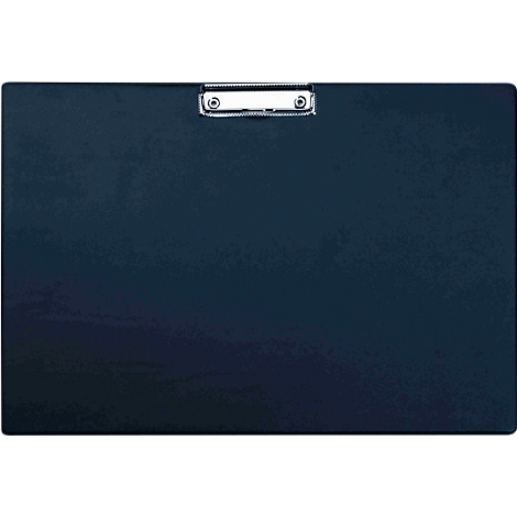 Dark blue clipboard, silver clip. The surface appears to be slightly textured.