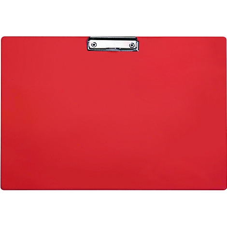 Red clipboard with silver metal clip.