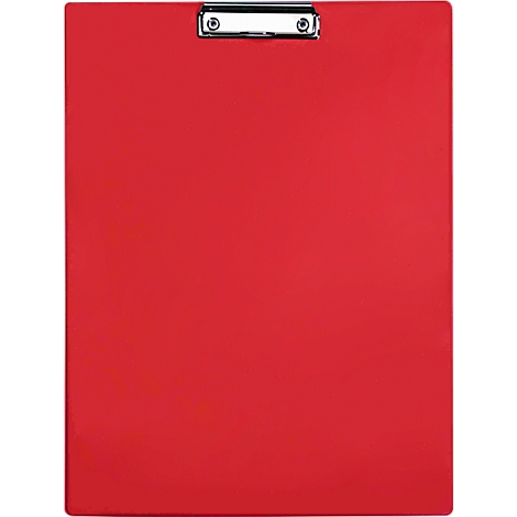 A red clipboard with a silver metal clip.