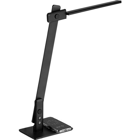 Lampe de bureau LED noire avec station de recharge sans fil intégrée pour smartphones.