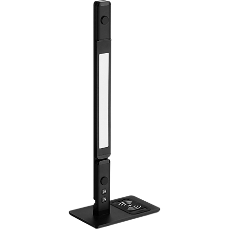 Une lampe de bureau noire avec lumière LED et station de recharge sans fil, sur fond blanc.