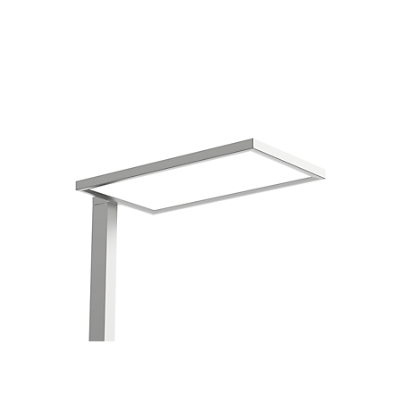 Eine elegante, rechteckige LED-Schreibtischlampe, die an einem silbernen Arm befestigt ist. Auf weißem Hintergrund.