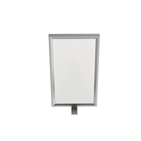 Leere Werbetafel mit silbernem Rahmen vor weißem Hintergrund.