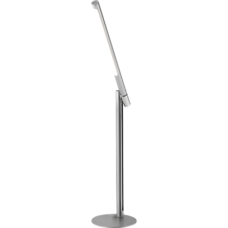 Een elegante, zilverkleurige vloerlamp. De lange, slanke arm van de lamp steekt schuin omhoog.