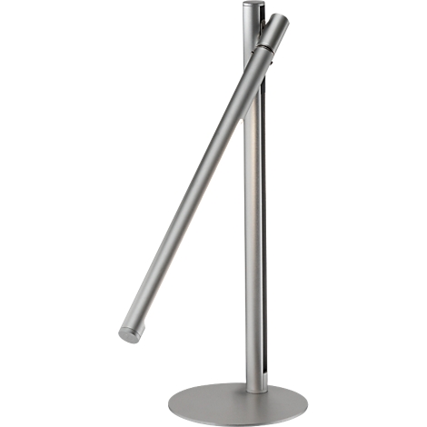 Zilveren bureaulamp, modern design met een ronde voet en een schuinlopende arm.