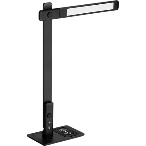 Zwarte LED-bureaulamp met rechthoekige lichtbron. De basis heeft een draadloos oplaadpad.