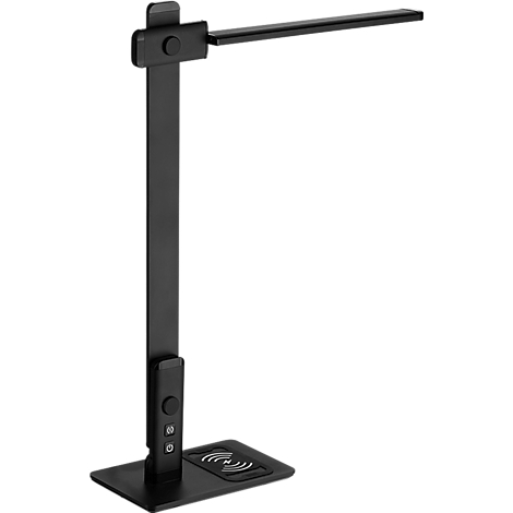 Schwarze LED-Schreibtischlampe mit kabelloser Ladefunktion.