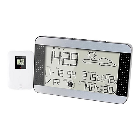 Digitale Wetterstation mit Außensensor, zeigt Zeit, Datum, Temperatur, Luftfeuchtigkeit und Wettervorhersage an.