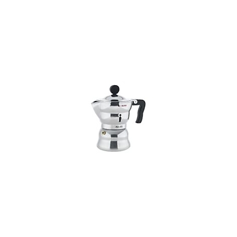 Klassischer silberner Espressokocher aus Metall mit schwarzem Griff und Deckelknopf vor weißem Hintergrund.