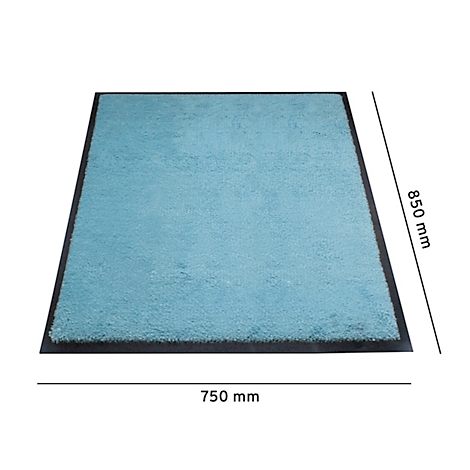 Alfombra de baño azul claro con marco negro, tamaño 750 x 850 mm.