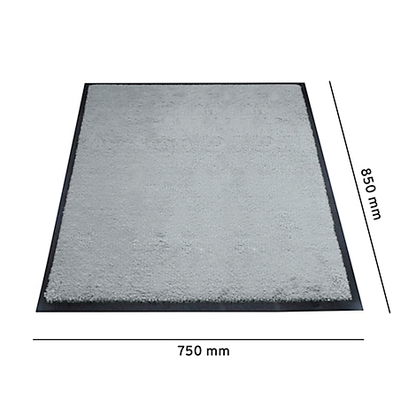 Alfombra gris claro con borde negro. Dimensiones: 850 mm x 750 mm.