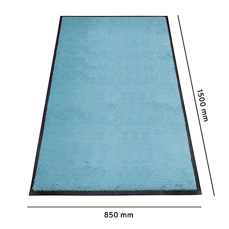 Alfombra azul claro con borde negro. Dimensiones: 1500 x 850 mm.
