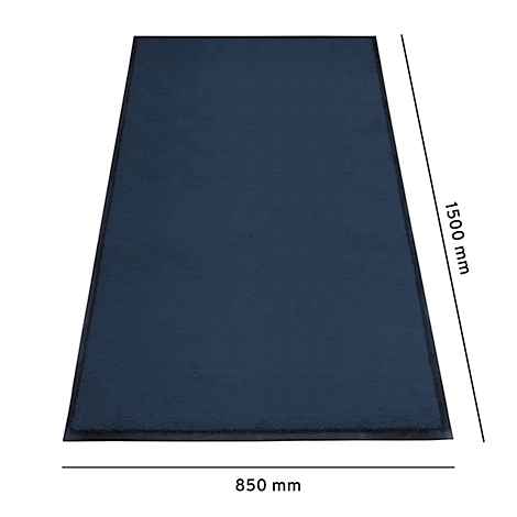 Alfombra azul oscuro con bordes negros, dimensiones: 850 mm x 1500 mm. El producto está ilustrado.