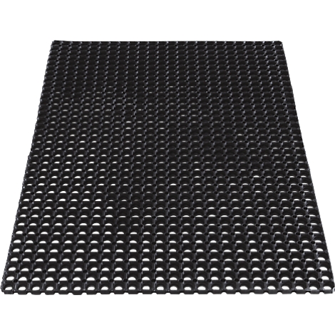 Alfombra de goma negra con aberturas en forma de panal.