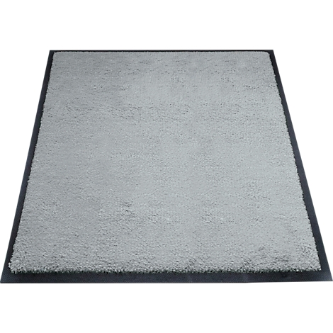 Alfombra gris con borde negro sobre fondo blanco.