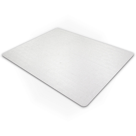 Una alfombra de silla de oficina transparente, rectangular y clara, con esquinas redondeadas, colocada sobre un fondo blanco.