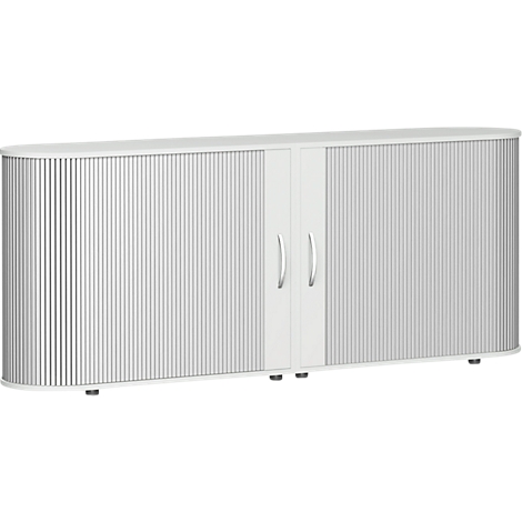 White, oval cabinet furniture with fluted doors and silver handles.