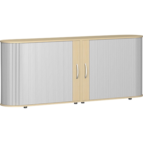 Oval cabinet with ridged surface. Two doors with silver handles, light wood. Feet.