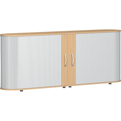 Oval cabinet with slatted front, light wood frame and two doors with silver handles.