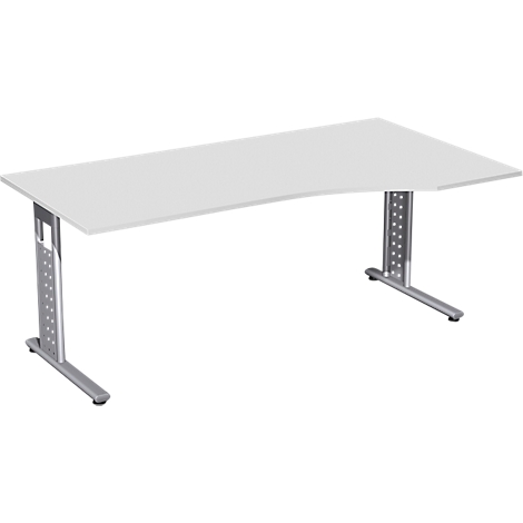 A white, curved desk on silver legs. The tabletop has a slightly concave shape.