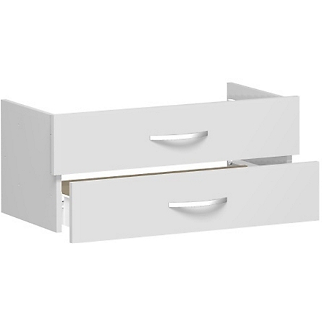 A white drawer cabinet with two drawers that have silver handles. One drawer is open.