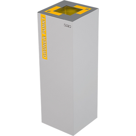 Gray rectangular trash can, top with yellow insert and yellow markings, lettering 'GRÜNER PUNKT' in yellow.