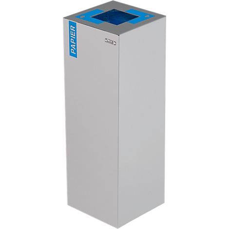 Gray waste paper basket with blue opening and blue paper note.