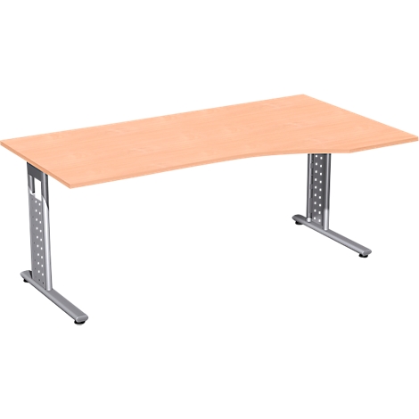 Beige corner desk with metal legs on a white background.