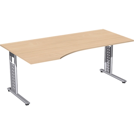 Light brown desk with a rounded corner and silver metal legs.