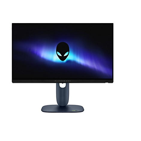 Un moniteur Alienware avec le logo Alien sur l'écran. Cadre noir, pied bleu, fond blanc.