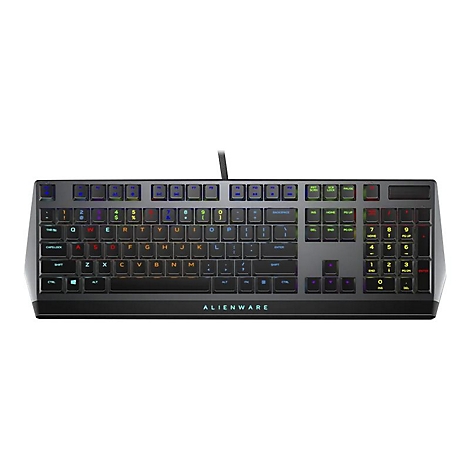 Schwarze Alienware-Tastatur mit beleuchteten Tasten, Buchstaben und Zahlen. Auf der Unterseite steht "Alienware".
