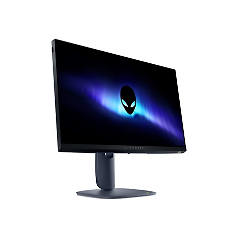 Schwarzer Alienware-Monitor mit Alien-Logo. Blaue Lichteffekte auf dem Bildschirm. Standfuß in Grau.