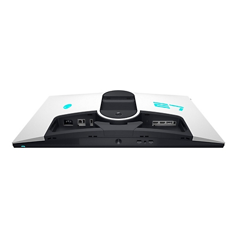 Nahaufnahme der RÃ¼ckseite eines weiÃŸen Alienware-Monitors mit AnschlÃ¼ssen und Logos.