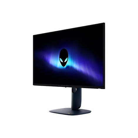 Ein Alienware-Monitor auf weißem Hintergrund. Der Bildschirm zeigt ein Alien-Logo vor blauem Hintergrund. Der Monitor ist auf einem Standfuß montiert.