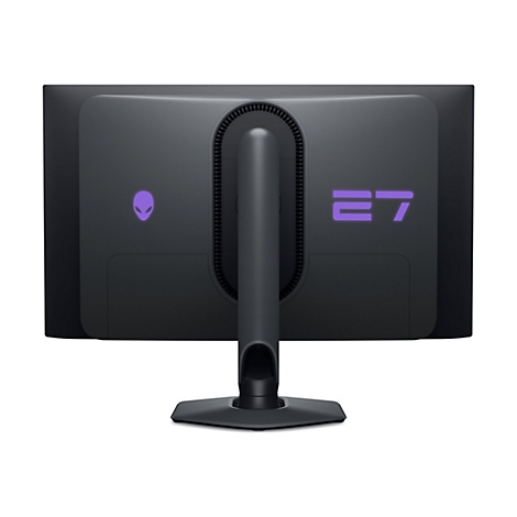 Rückseite eines schwarzen Alienware 27 Zoll Monitors mit Alien-Logo und der Aufschrift 27 in Lila.