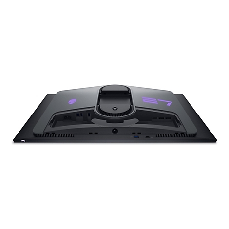 Rückansicht eines Alienware Gaming-Monitors mit lila Logo und 27-Zoll-Beschriftung auf grauem Gehäuse.