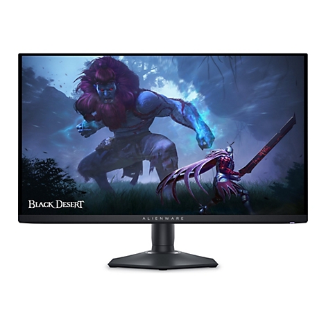 Ein Alienware Monitor zeigt ein Videospiel-Szenario. Ein riesiger, dämonischer Krieger greift einen gepanzerten Charakter mit einem großen Schwert an. Der Schriftzug "Black Desert" ist links unten zu sehen.