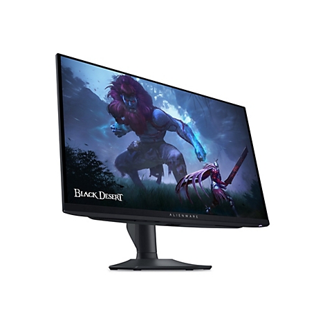 Alienware Gaming-Monitor mit schmalem Rahmen und Black Desert Gaming-Motiv vor weißem Hintergrund.