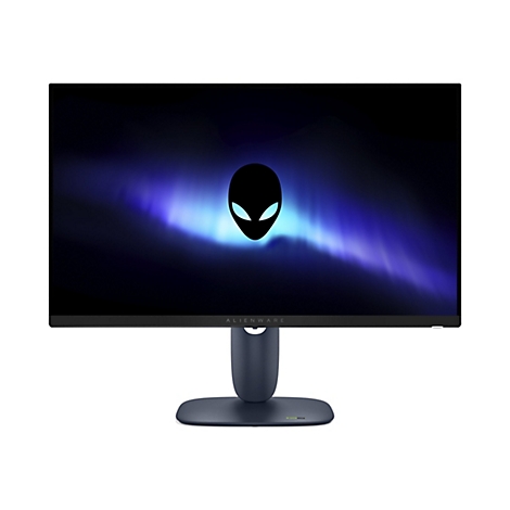 Der Alienware-Monitor mit dem Alien-Logo auf dem Bildschirm vor weißem Hintergrund.