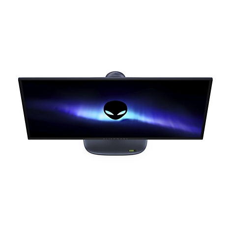 Alienware Ultrawide-Monitor von oben, zeigt Alien-Logo auf dem Display und G-Sync-Label am Standfuß.