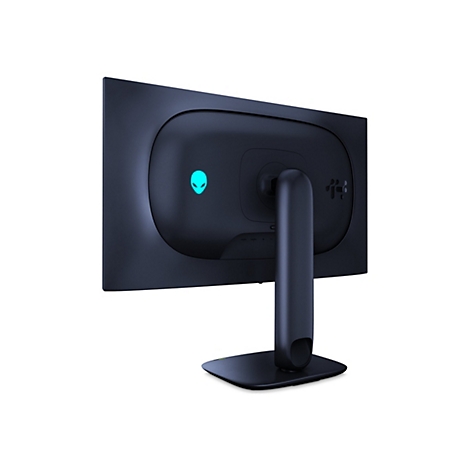Rückseite eines schwarzen Alienware-Monitors; Alien-Logo leuchtet türkis.