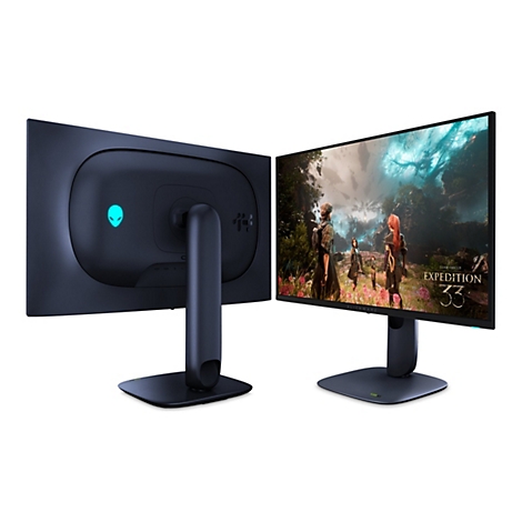 Zwei Alienware-Gaming-Monitore vor weißem Hintergrund. Einer zeigt das Spiel Expedition 33, der andere die Rückseite mit Alien-Logo.