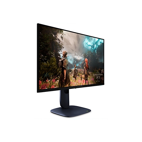 Ein Alienware-Monitor zeigt ein Fantasy-Spiel. Auf dem Bildschirm sind drei Personen in einer mystischen Landschaft zu sehen, Text lautet: „Expedition 33”.