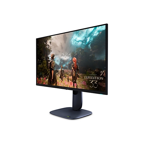 Alienware Monitor auf einem Standfuß, der ein Videospiel mit Fantasy-Charakteren in einer Waldlandschaft anzeigt.