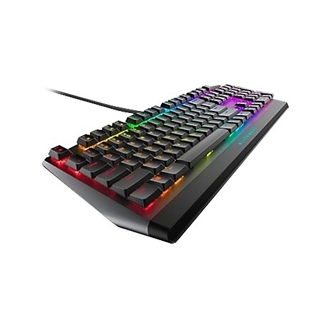 Schwarze mechanische Gaming-Tastatur mit RGB-Beleuchtung, leicht von oben links aufgenommen.