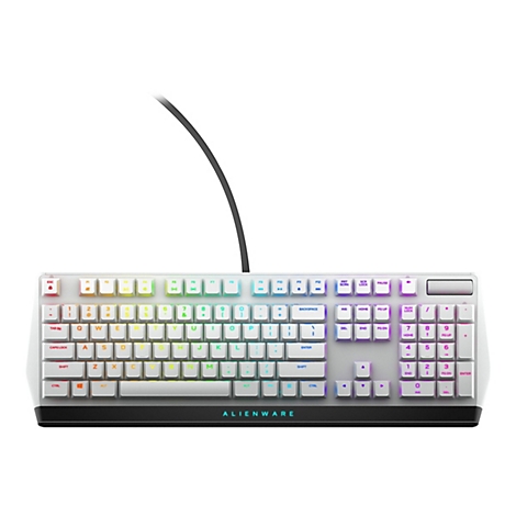 Eine weiße Alienware-Tastatur mit bunten Tasten und Kabel.