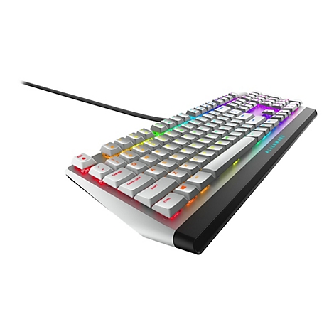Hellgraue Gaming-Tastatur mit farbigen LED-Tasten. Die Tasten sind beschriftet. Schwarzes Kabel. Rechts steht in blau "ALIENWARE".