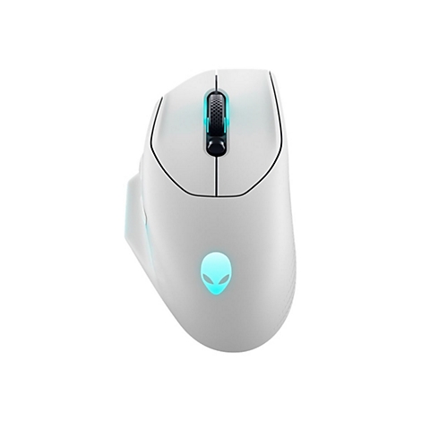 Weiße Gaming-Maus mit Alien-Logo, blau beleuchtet. Oben Scrollrad, zwei Knöpfe. Auf weißem Hintergrund.