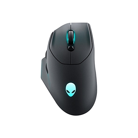 Schwarze Gaming-Maus mit Alien-Logo und blauer Beleuchtung.